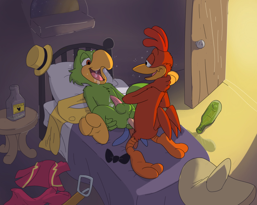 2boys alcohol anal anal_penetration anal_sex animal_penis anthro avian balls bed beverage bird bowtie clothes_on_floor cum_while_penetrated disney drunk duo empty_bottle erection gay hand_on_own_neck happy_sex hat holding_penis jose_carioca legs_held_open looking_at_partner male male_only missionary_position open_door paintfox panchito_pistoles penis receiving_on_back sombrero spread_legs tail_feathers testicles the_three_caballeros uncensored yaoi