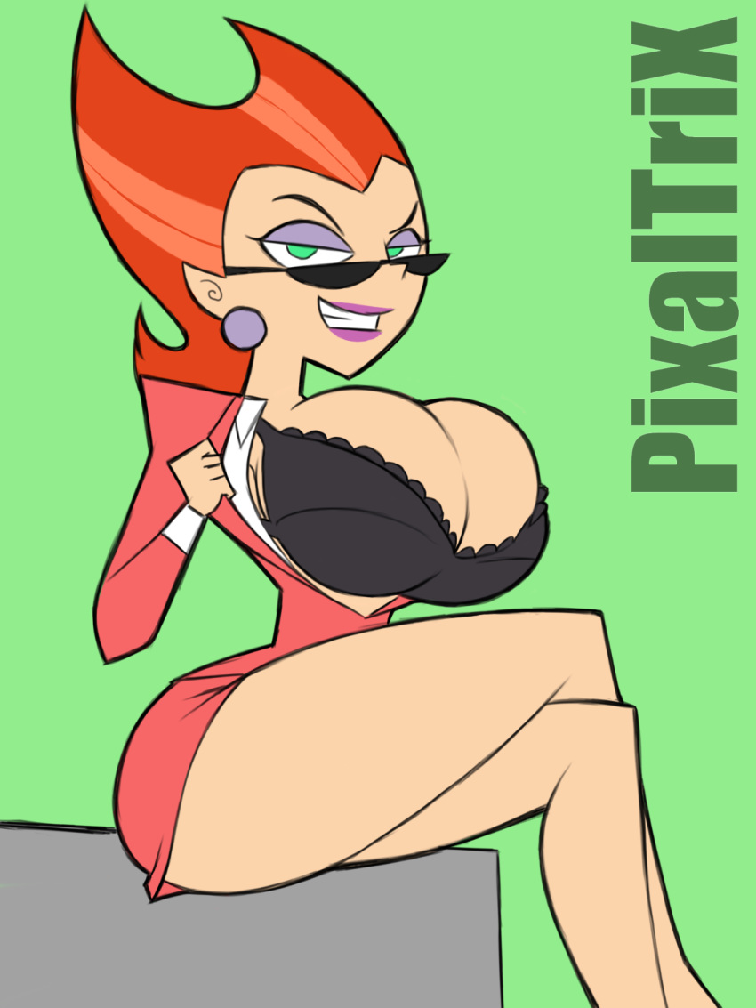 bra breast breasts danny_phantom dress female glasses green_eyes happy hips huge_breasts light_green_background lips looking_at_viewer looking_over_eyewear looking_over_glasses looking_over_sunglasses penelope_spectra pixaltrix sunglasses tinted_eyewear wide_hips