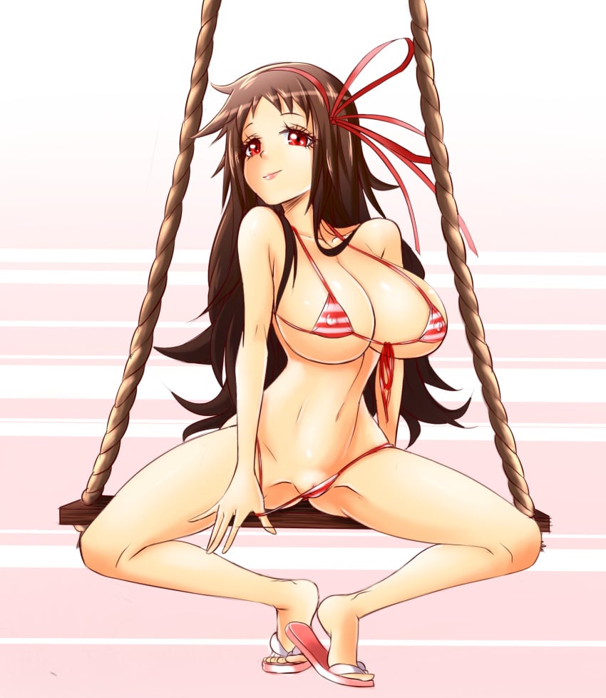 ayame_(senran_kagura) bikini_bottom_pull breasts brown_hair cleavage erect_nipples evildei female gradient_background large_breasts long_hair micro_bikini navel pussy red_eyes ribbon sandals senran_kagura senran_kagura_(series) sitting smile solo spread_legs striped_background striped_bikini swing