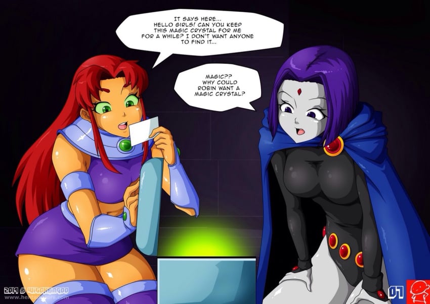 2girls cape comic dc dc_comics english_text forehead_jewel green_eyes magic magic_crystal miniskirt note page_7 raven_(dc) red_hair smooth_skin starfire teen_titans tight_clothing witchking00