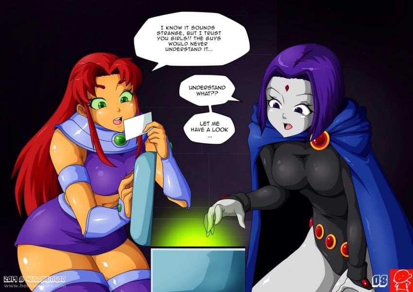 comic dc dc_comics english_text green_eyes magic magic_crystal miniskirt navel note page_8 purple_hair raven_(dc) red_hair smooth_skin starfire teen_titans witchking00