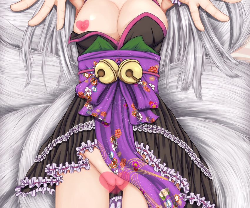 breasts censored cleft_of_venus female fox_tail fur long_hair lying multiple_tails nipple_slip nipples original pointless_censoring pussy silver_hair solo tail tenyoshi_(briansept)