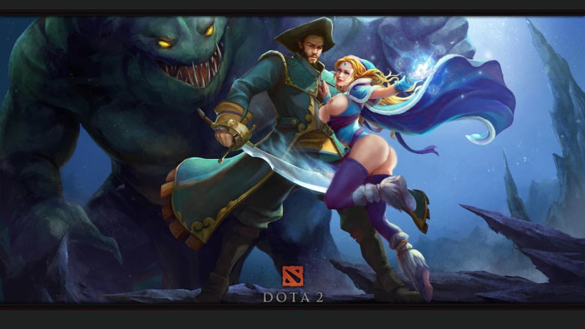 2boys ass blonde_hair blue_eyes bottomless breasts brown_eyes brown_hair crystal_maiden dota_2 female hair kunkka_(dota) male monster multiple_boys nipples partially_clothed photoshop tidehunter