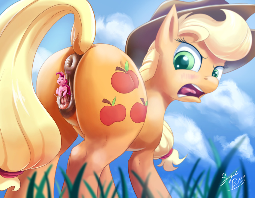 2015 animal_genitalia anus applejack_(mlp) ass blonde_hair blush clitoris closed_eyes cloud colored cowboy_hat cutie_mark dock duo earth_pony english_text equine equine_pussy female feral friendship_is_magic grass green_eyes hair hat hi_res horse long_hair looking_back low-angle_shot mammal micro my_little_pony open_mouth outside pink_hair pinkie_pie_(mlp) pony puffy_anus pussy pussy_juice raised_tail sugahbite text tongue yuri