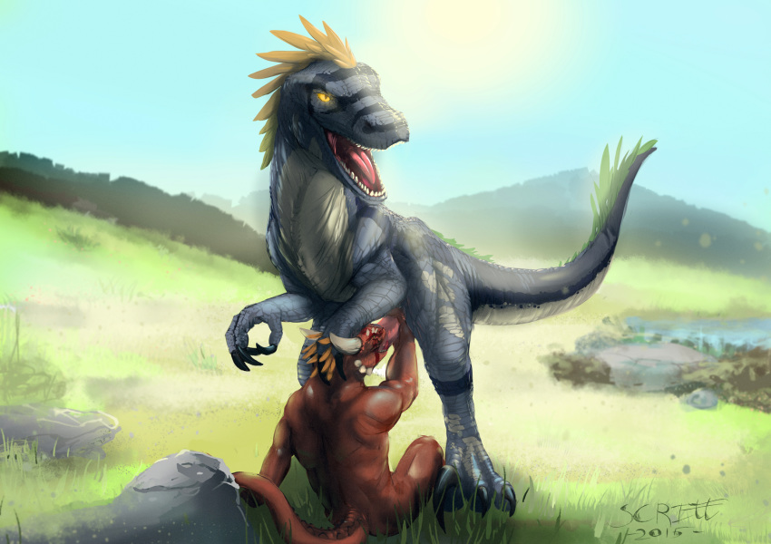 2015 anthro anthro_on_feral argonian blue_scales brown_scales digitigrade dinosaur duo feathers feral grey_scales hand_on_head horn interspecies lizard male masturbation mountain oral penetration penis red_scales reptile sairaks savannah scales scalie scritt steppe the_elder_scrolls video_games yaoi zoophilia