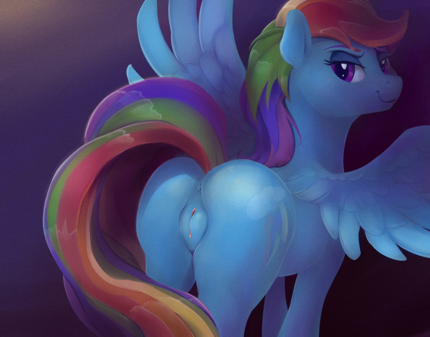 2015 anus ass cutie_mark equine feathered_wings feathers feral friendship_is_magic hair looking_at_viewer mammal multicolored_hair my_little_pony pegasus presenting presenting_hindquarters purple_eyes pussy rainbow_dash_(mlp) rainbow_hair solo viwrastupr wings