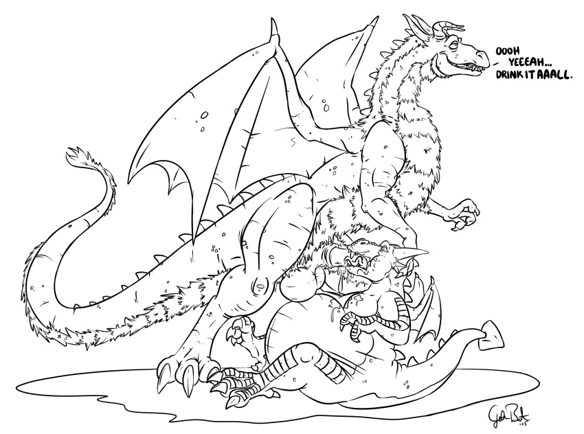 2015 3_toes anthro anthro_on_feral balls belly big_balls cum digitigrade dracorex dragon excessive_cum feral forced fur furred_dragon furry greldon hi_res horn inflation interspecies larger_male male messy monochrome oral penis rangarig_rex scalie sex size_difference smaller_male starfig toes wings yaoi zoophilia