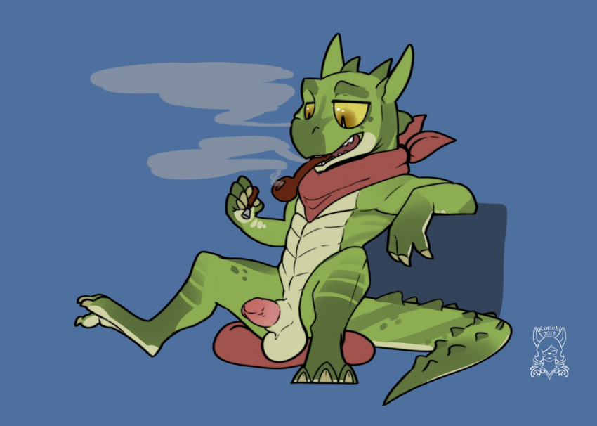 1boy alternate_species balls bandana barefoot erection half-erect humanoid_penis kobold korichi leaning_on_elbow male male_only mostly_nude notus penis pillow pipe reclining relaxing scalie sitting smoke smoking solo spread_legs spreading