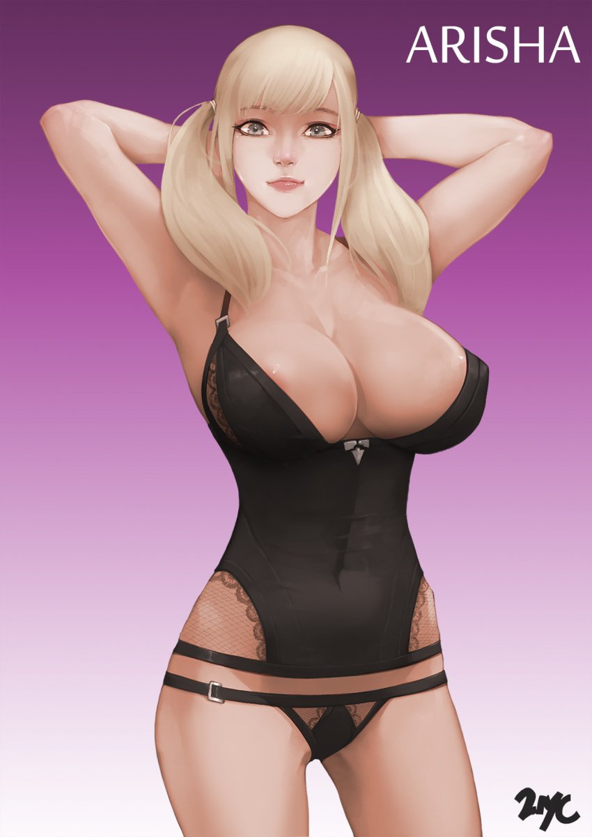 21yc arisha_(vindictus) armpits blonde_hair breasts cleavage female large_breasts lingerie panties solo standing tied_hair twintails vindictus