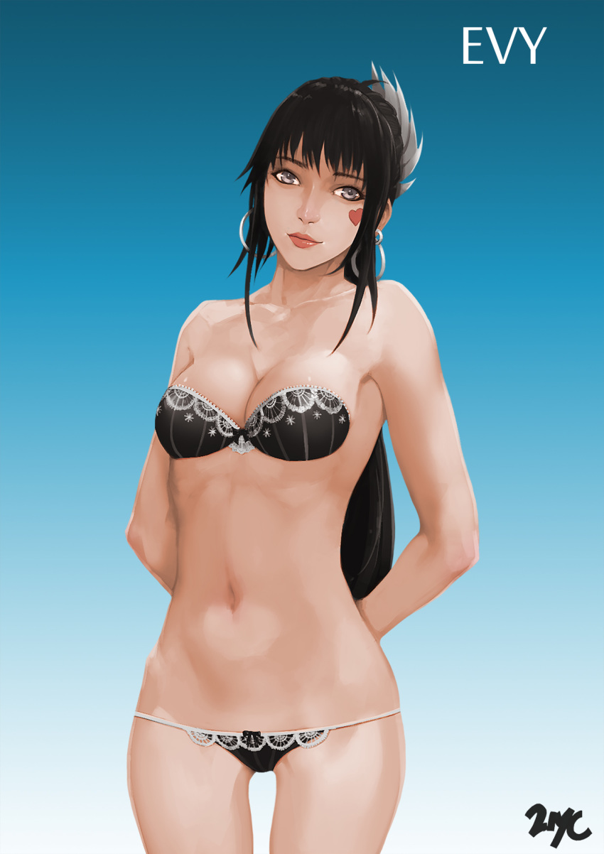 21yc black_hair bra breasts cleavage earrings evy female long_hair navel panties solo standing vindictus