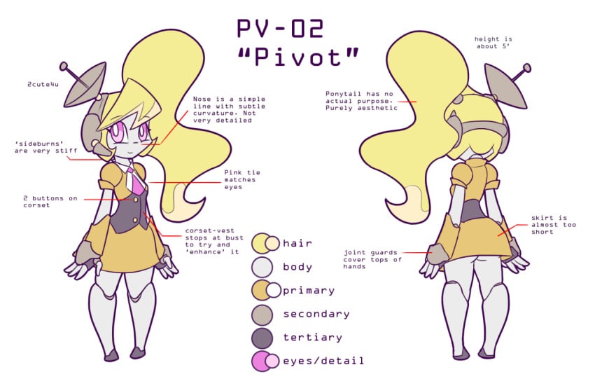 android blonde_hair clothed corset cyborg model_sheet pink_eyes pivot pivot_(zedrin) pv-02_pivot robot satellite_antenna standing tie zedrin