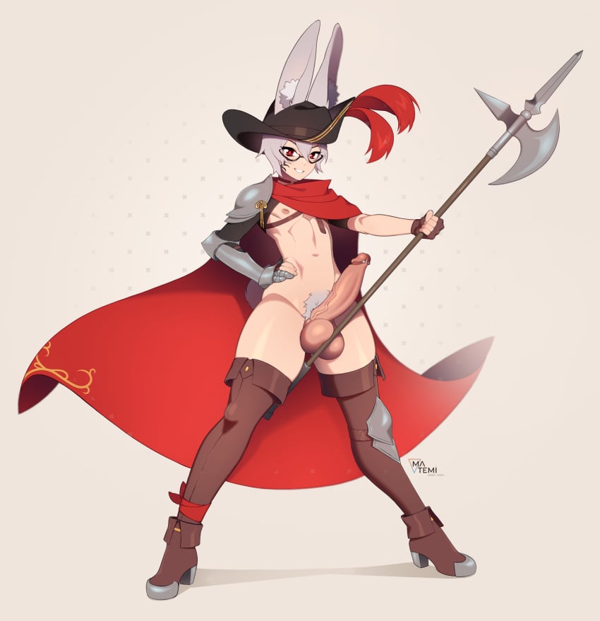 5_fingers animal_humanoid areola armor balls big_balls big_penis biped boots cape clothing erection eyewear fingers footwear genital_piercing genitals glans glasses hair halberd hat headgear headwear hi_res holding_object holding_weapon huge_cock humanoid humanoid_genitalia humanoid_penis inner_ear_fluff lagomorph lagomorph_humanoid legwear leporid_humanoid male mammal mammal_humanoid matemi melee_weapon nipples penis penis_piercing piercing polearm pubes rabbit_humanoid shoes solo taiyo_akari thigh_boots thigh_highs tuft vein veiny_penis weapon