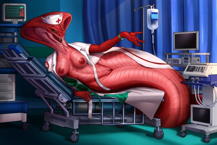 absurd_res anthro apode areola big_breasts breasts clock clothing draconcopode fangs female genitals green_eyes hat headgear headwear hi_res iv_bag legless lying naga newalein nipples nurse_clothing nurse_hat nurse_headwear on_side pupils pussy red_body red_scales reptile scales scalie serpentine slit_pupils snake snake_girl solo teeth watch wristwatch