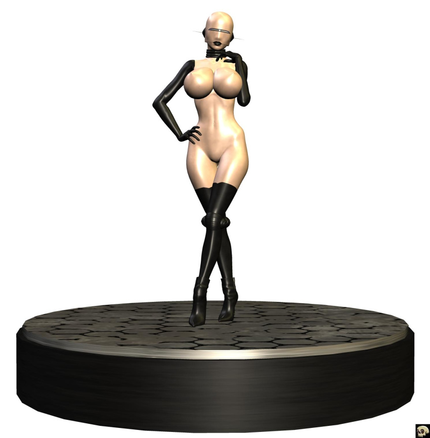 1girls 3d android bald bare_shoulders big_breasts black_lips busty cleavage curvy erect_nipple erect_nipples eyelashes female female_only front_view high_heels hourglass_figure humanoid looking_at_viewer naked nude pose posing shiny shiny_skin simple_background solo standing v4enru voluptuous white_background wide_hips xskullheadx