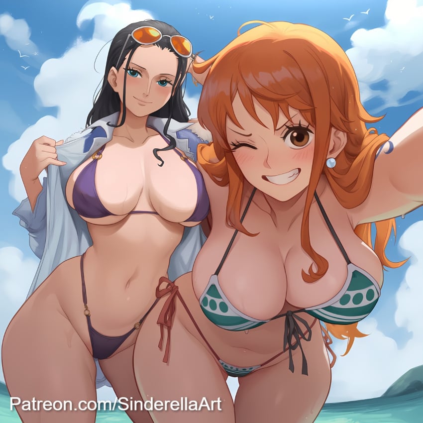 3girls ai_generated beach bikini busty cleavage clothing commission duo female female_only huge_breasts large_ass nami_(one_piece) nico_robin one_piece patreon patreon_url patreon_username sinderellaart tease thick thick_legs thick_thighs voluptuous