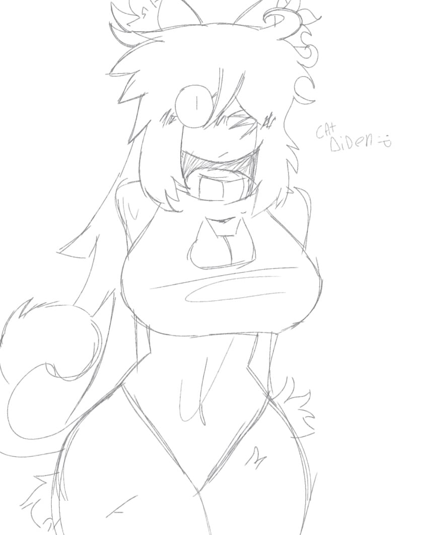 1girls :3 ;-; aiden_(kaaatie) arms_behind_back big_breasts big_thighs blush breasts cat_ears cat_tail catgirl dangerous_forest embarrassed female fpe fundamental_paper_education fur long_hair looking_up machine_girl_(kaaatie) only_female semi_nude simple_background sketch