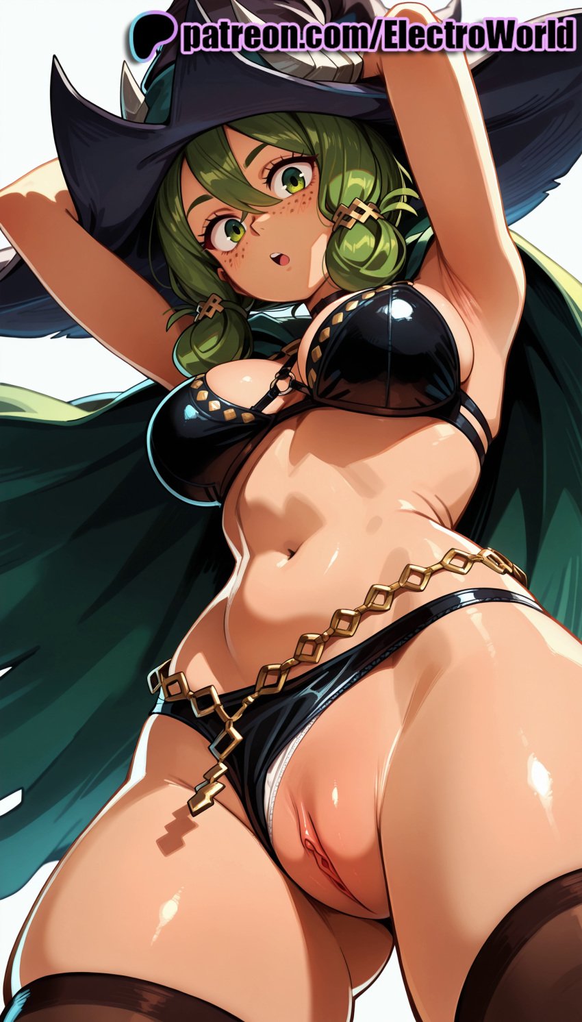 1girls 2025 ai_generated artist_name breasts breasts breasts bust cape chains chest clitoral_hood electroworld exposed_pussy female green_eyes green_hair hat hi_res high_quality high_resolution highres juicy_pussy long_hair navel open_mouth panties patreon patreon_username pussy solo stable_diffusion tight_pussy uncensored unicorn_overlord vagina watermark witch_hat yahna_(unicorn_overlord)