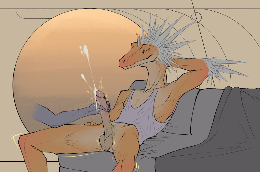 ambiguous_gender anthro anthro_focus balls bodily_fluids bottomless bullchicken closed_eyes clothed clothing countershading cum cumshot dinosaur duo ejaculation erection feathers furniture genital_fluids genitals glans hand_behind_head handjob hi_res humanoid_genitalia humanoid_penis leaking male male/ambiguous male_focus on_sofa orgasm penile penis prehistoric_species relaxing reptile saggy_balls scalie scrotum_flap sex shirt sitting sitting_on_sofa sofa solo_focus spread_legs spreading tank_top theropod topwear vein veiny_penis