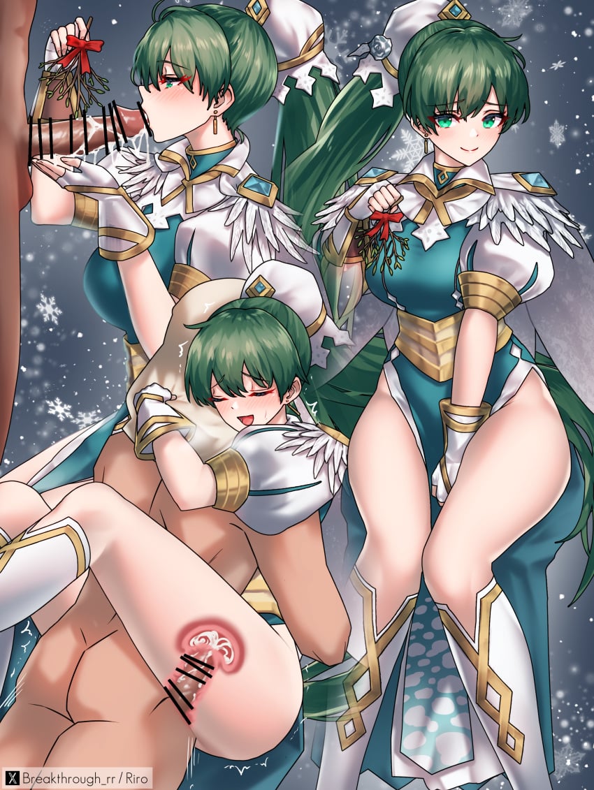 1boy absurdres artist_name bar_censor blue_dress boots breasts censored christmas closed_eyes clothed_female_nude_male cross_section cum cum_in_pussy dress fellatio female fingerless_gloves fire_emblem fire_emblem:_the_blazing_blade fire_emblem_heroes gloves green_eyes green_hair highres holding holding_mistletoe kiran_(fire_emblem) kiran_(male)_(fire_emblem) long_hair lyn_(fire_emblem) lyn_(resplendent)_(fire_emblem) male medium_breasts mistletoe multiple_views nude official_alternate_costume open_mouth oral penis ponytail riro_(breakthrough_rr) sex smile snowing thighs vaginal_penetration white_boots white_gloves
