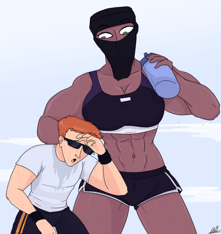 abs calderon_(hellonearthiii) dark-skinned_female dark_skin female hellonearthiii male muscle_girl muscles muscular muscular_arms muscular_female muscular_legs niqab pripyatory_(hellonearthiii) sportswear sunglasses sweating sweating_male uzi_(hellonearthiii) water_bottle