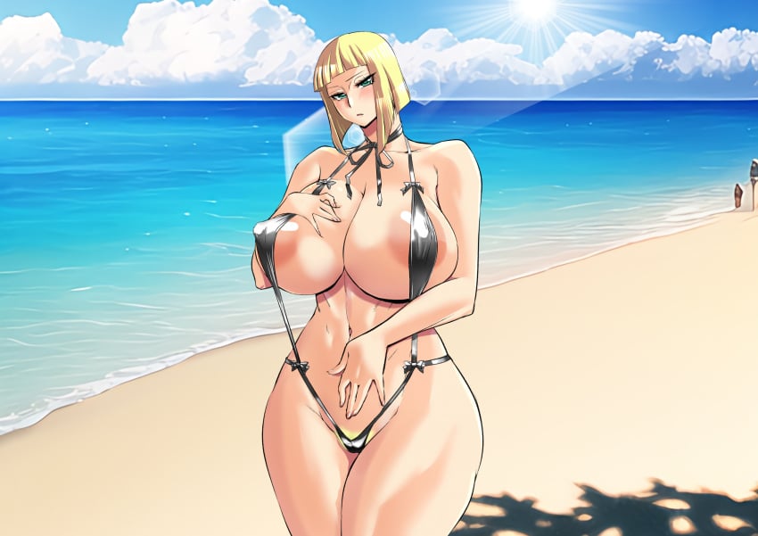 areola_slip areolae bangs beach bikini blonde_hair blue_sky blush bob_cut breasts busty cleavage clothing cloud curvaceous danna_(karatekikku) day female female female_only green_eyes high_resolution huge_breasts karatekikku large_breasts looking_at_viewer naruto naruto_shippuden navel nipples ocean one-piece_swimsuit outdoors samui sand short_hair sky sling_swimsuit solo sun swimsuit thick_thighs thighs wardrobe_malfunction water wide_hips