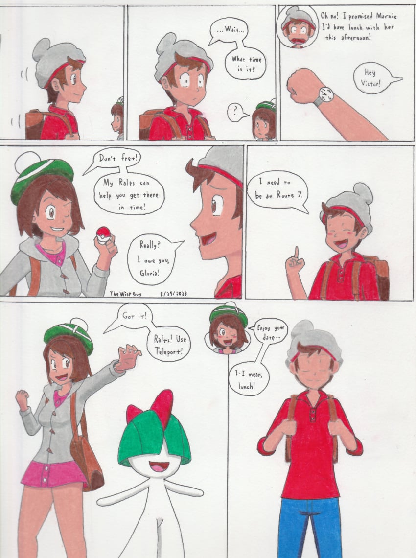 1boy 1girls casual clothing comic comic_page female game_freak gloria_(pokemon) hand_drawn male nintendo pokemon pokemon_(species) pokemon_ss ralts safe_for_work thewispguy victor_(pokemon)