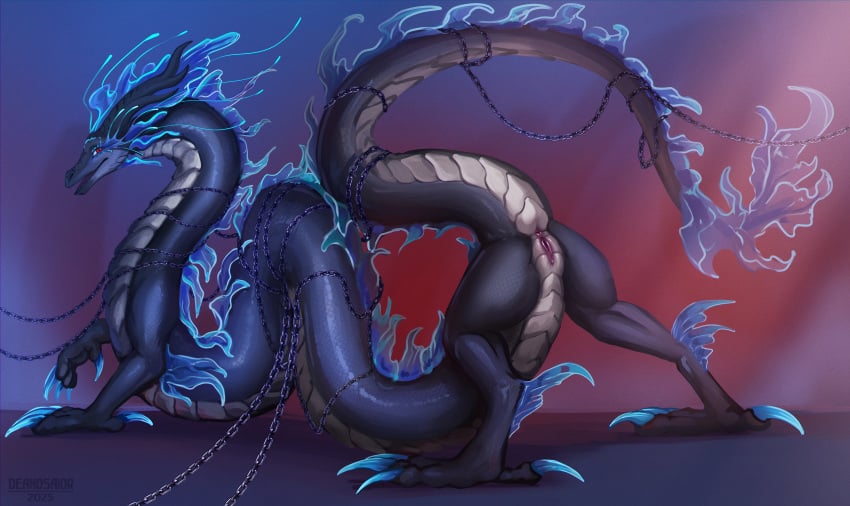 anus black_body black_horn black_scales blue_claws claws deanosaior dragon eastern_dragon female female_feral feral genitals hi_res horn humanoid_genitalia humanoid_genitalia_on_feral humanoid_pussy humanoid_pussy_on_feral mythological_creature mythological_scalie mythology pink_anus pink_pussy pussy red_eyes scales scalie solo white_body white_scales