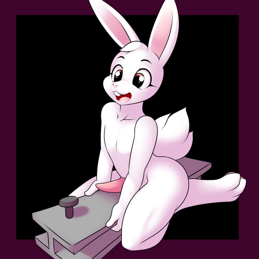 1boy 2015 anthro beam black_background cute fur girder kloudmutt lagomorph long_ears male male_only mammal nude open_mouth penis pink_fur rabbit red_eyes simple_background solo starbound starbunny teeth video_games