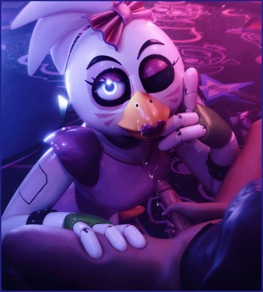 1boy 1girls accurate_art_style animatronic beak chica_(fnaf) cum_on_face cumshot female five_nights_at_freddy's five_nights_at_freddy's:_security_breach glamrock_chica_(fnaf) hand_on_thigh male mrcourage616 on_model robot robot_girl straight