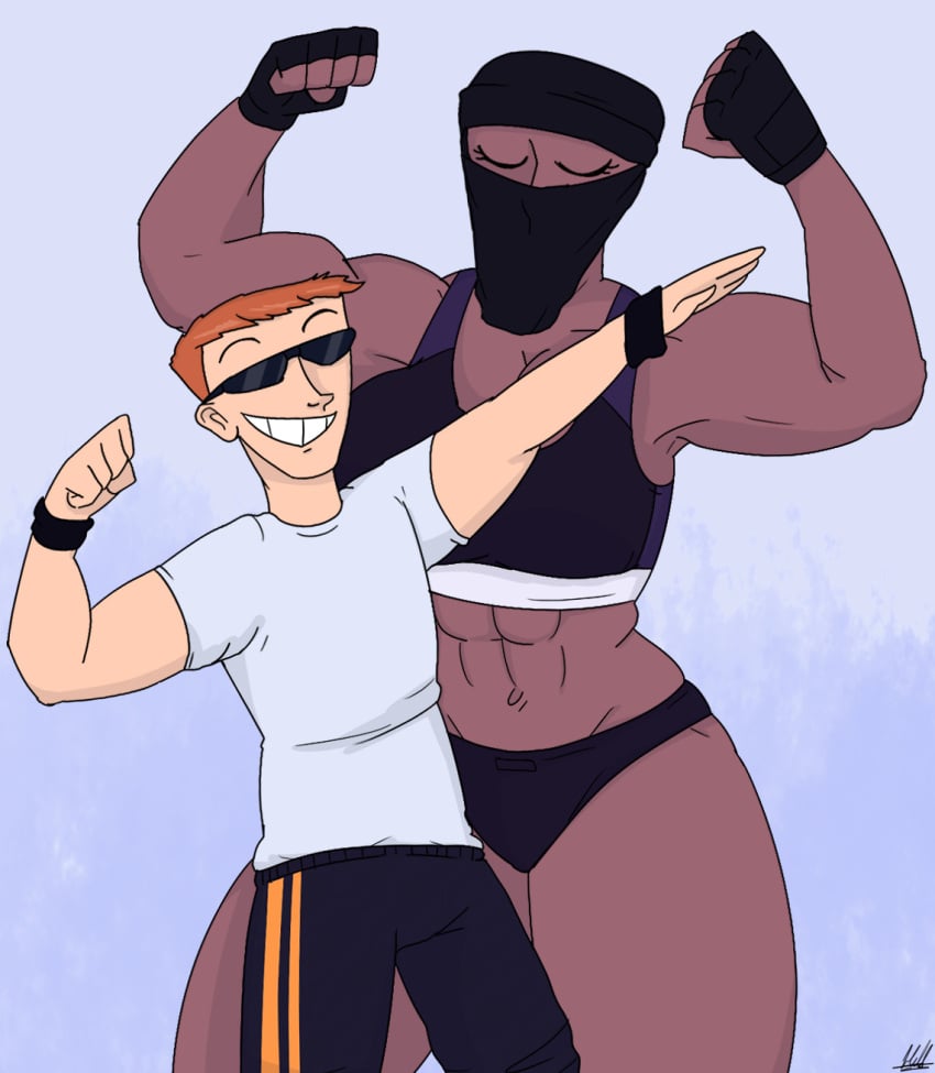 abs calderon_(hellonearthiii) dark-skinned_female dark_skin female flexing flexing_biceps hellonearthiii male male/female masked masked_female muscular muscular_arms muscular_female muscular_legs niqab posing pripyatory_(hellonearthiii) sports_bikini sportswear sunglasses uzi_(hellonearthiii)