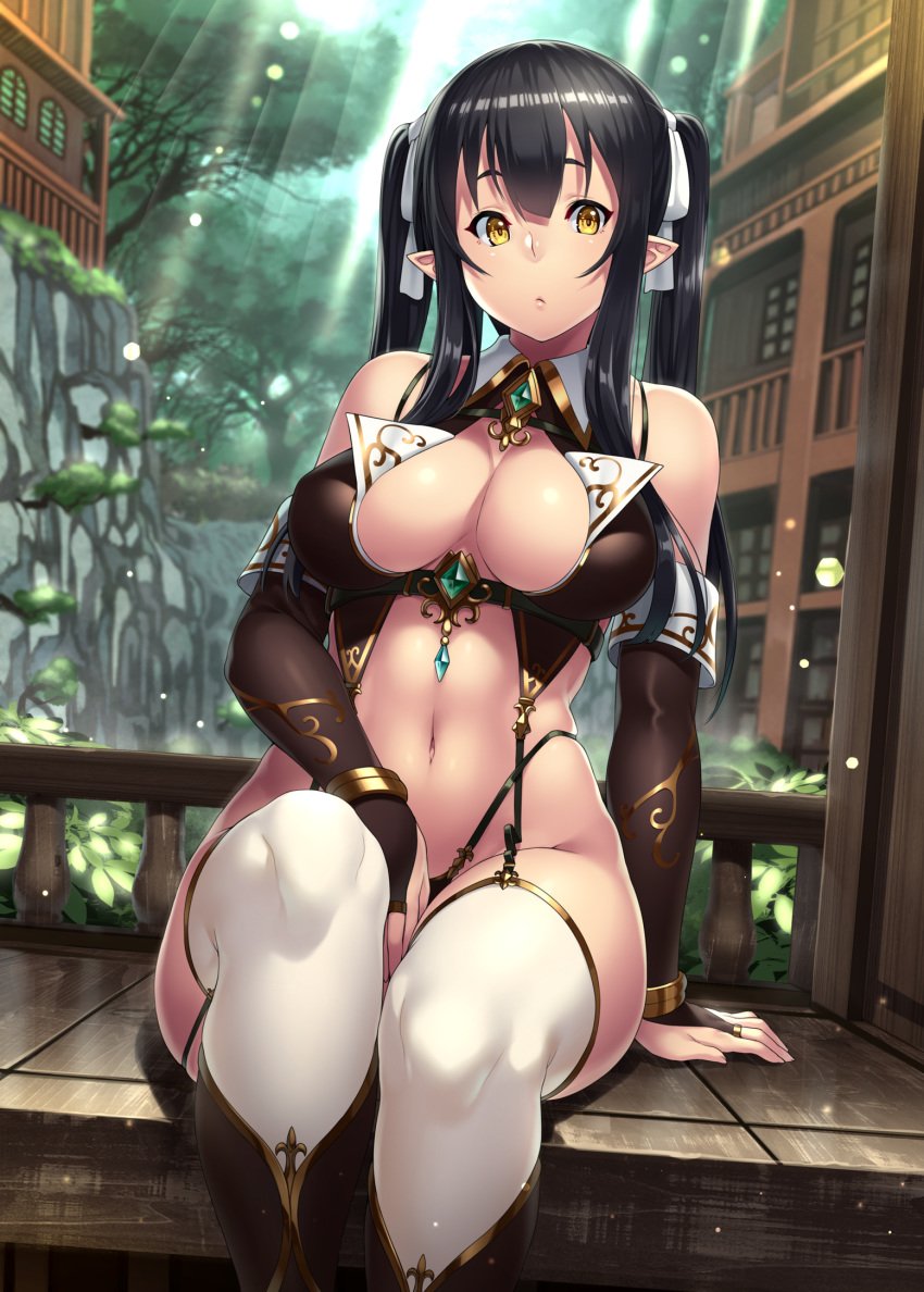 1girls black_hair bracelet breasts cleavage curvy detached_sleeves elf_(houtengeki) female female_only garter_straps highleg highleg_panties highres houtengeki jewelry large_breasts long_hair looking_at_viewer navel original panties pointy_ears sitting solo string_panties thick_thighs thighs tied_hair twintails underwear wide_hips yellow_eyes