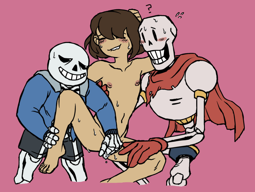 ambiguous_fluids ambiguous_gender blush bone frisk papyrus sans skeleton small_breasts smile sweat tinybeasts undertale undertale_(series)