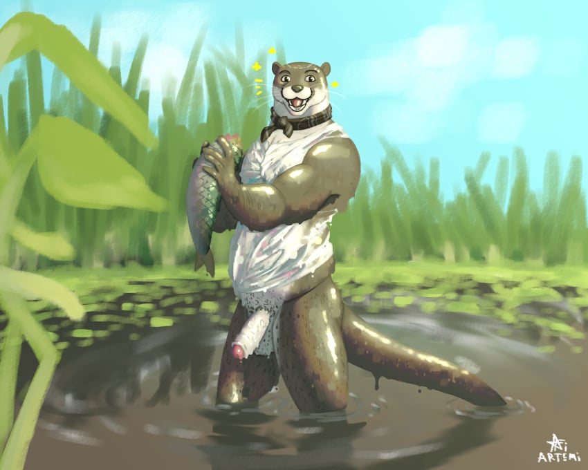 absurd_res anthro artemi body_hair bottomless clothed clothing echo_(series) echo_project fish fishing genitals hi_res holding_fish kerchief lake looking_at_viewer male mammal marine mostly_nude mustelid otter outside partially_submerged penis pubes slightly_chubby smile smiling_at_viewer solo the_smoke_room todd_bronson wet wet_body wet_clothing