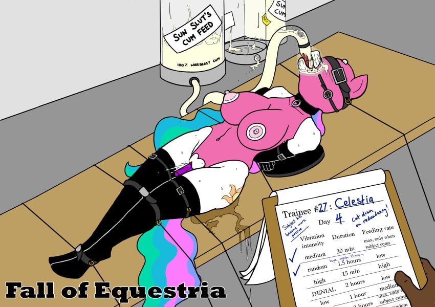 alicorn areola blindfold bondage bound breasts clipboard clothing collar cum cum_drinking cum_in_mouth cum_inside cutie_mark dialogue drinking dripping elbow_gloves english_text equine fall_of_equestria female forced friendship_is_magic gag gloves horn legwear lying mammal my_little_pony nipples paper pipe ponkpank princess_celestia_(mlp) pussy pussy_juice rape ring_gag rubber severed_horn sex_toy slave stockings sweat table text vibrator wings