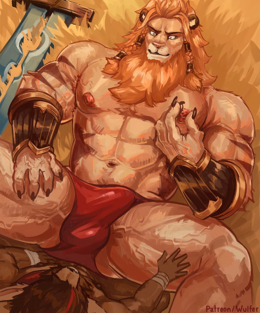 abs afk_arena anthro brutus_(afk_arena) canid duo felid hi_res khasos_(afk_arena) lilith_games lion male male/male mammal mane muscular muscular_anthro muscular_male nipples pantherine pecs wulfer-shepherd