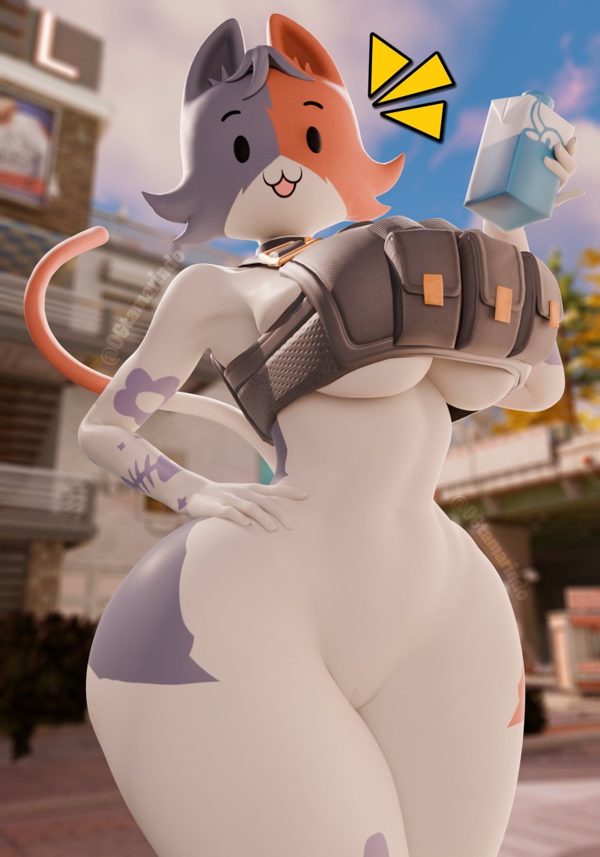 2025 3d absurd_res anthro arm_tattoo artist_name biped blue_body blue_fur blue_hair bottomless bottomless_anthro bottomless_female breasts bulletproof_vest calico_cat cate_meowdy cate_meowdy_(fortnite) cheek_tuft clothed clothing curvy_figure digital_media_(artwork) domestic_cat dot_eyes epic_games eyebrows facial_tuft felid feline felis female fortnite fur fur_tuft genitals hair hand_on_hip hi_res holding_carton holding_milk holding_object looking_at_viewer mammal multicolored_body multicolored_fur ogtamarindo open_mouth open_smile orange_body orange_fur pussy simple_eyes smile solo standing tail tattoo text thick_thighs topwear topwear_only tuft under_boob vest vest_only white_body white_fur wide_hipped_anthro wide_hipped_female wide_hips