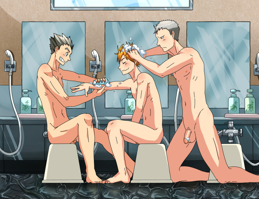 3boys aone_takanobu background bokuto_koutarou color haikyuu!! human male male_only multiple_boys nude penis shower shoyo_hinata soap tagme uncensored