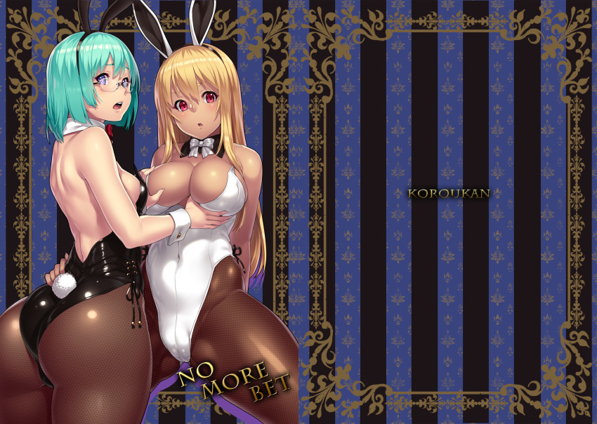 2girls animal_ears ass ass_grab bare_back bare_shoulders black_legwear blonde_hair blush border bowtie breast_grab breasts bunny_ears bunny_girl bunny_tail bunnysuit cameltoe caught cleavage covered_navel cowboy_shot curvy dark_skin detached_collar duo erect_nipples fake_animal_ears female fishnet_pantyhose fishnets from_behind glasses green_hair highres houtengeki huge_ass large_breasts long_hair looking_at_viewer multiple_girls open_mouth original pantyhose plump purple_eyes red_eyes shiny shiny_pantyhose short_hair sideboob small_breasts striped_background tail teeth thick thick_thighs wide_hips wrist_cuffs yuri