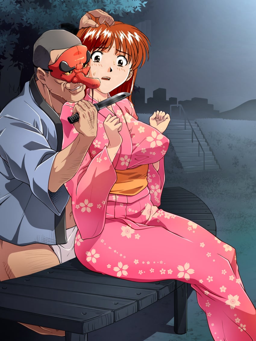 1girls asuka_(viper) breasts clothing crying curvy edit imminent_rape kimono knife large_breasts mask outdoors rape viper_(series) viper_ctr weapon