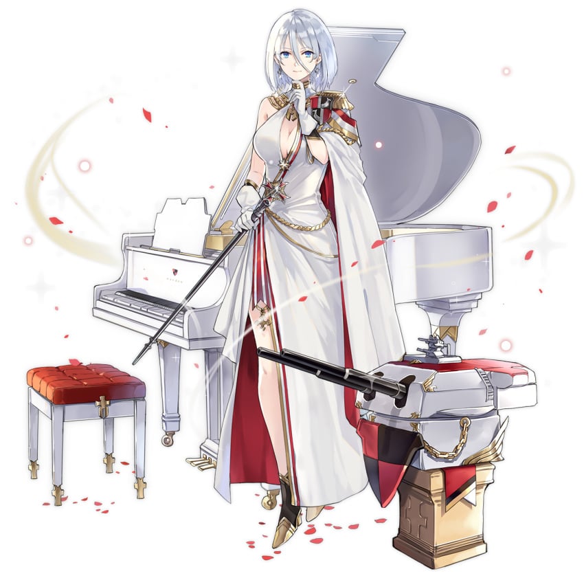 aiguillette asymmetrical_clothes azur_lane blue_eyes boots breasts cannon cape cg chains cleavage cross cross_earrings dress earrings epaulettes female full_body game glint gloves hair_between_eyes high_heels holding holding_instrument instrument iron_blood_(azur_lane) jewelry large_breasts long_dress looking_at_viewer official_alternate_costume official_art petals piano scepter short_hair side_cape side_slit single_epaulette sleeveless sleeveless_dress solo standing tirpitz_(azur_lane) tirpitz_(iron_blood_snowstorm)_(azur_lane) turret weapon white_background white_cape white_dress white_gloves white_hair