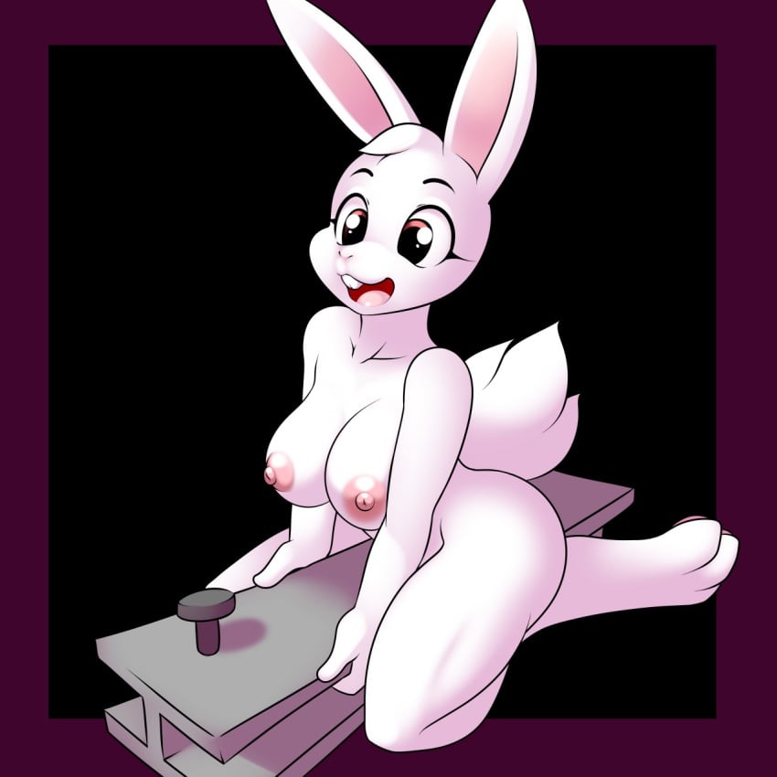 2015 anthro beam black_background breasts cute female fur girder kloudmutt lagomorph long_ears mammal nipples nude open_mouth pink_fur pink_nipples rabbit red_eyes simple_background solo starbound starbunny teeth video_games