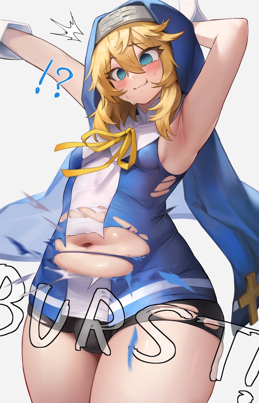 !? 1futa armpit belly bike_shorts blush bridget bulge bursting_clothes chubby chubby_futa embarrassed female futa_focus futa_only futanari guilty_gear hakusyokuto intersex shorts solo solo_focus solo_futa swirly_eyes thick thick_thighs thighs torn_clothes trans trans_woman transfem wardrobe_malfunction wide_hips