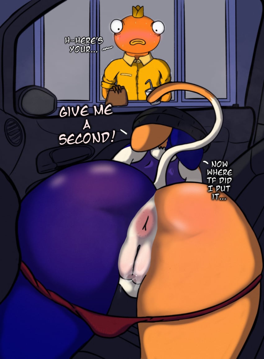 anthro anus ass blush bodily_fluids body_blush butt_blush calico_cat car clothed clothing cum dialogue domestic_cat duo embarrassed epic_games felid feline felis female fish fishstick_(fortnite) fortnite genital_fluids genitals hi_res male mammal marine meow_skulls meow_skulls_(fortnite) panties panties_down partially_clothed pussy rear_view steam underwear underwear_down vannillama vehicle