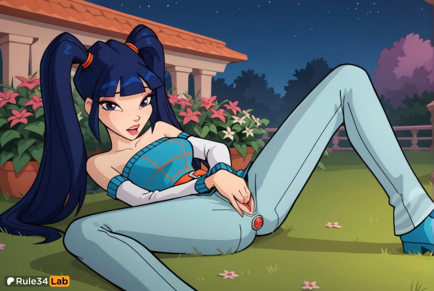 1girls 4kids_entertainment ai_generated anal anal_object_insertion artist_name bare_shoulders black_hair blue_eyes blue_hair blunt_bangs breasts bush detached_sleeves female female_masturbation flower grass hi_res long_hair long_sleeves looking_at_viewer lying makeup masturbation medium_breasts musa musa_(winx_club) nickelodeon night object_insertion off-shoulder_shirt open_mouth outdoors pants plant pussy rainbow_(animation_studio) rule34lab sex_toy shirt sky smile solo spread_legs star_\(sky\) twintails uncensored winx_club