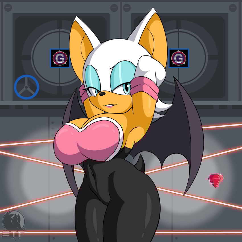 1:1 2023 absurd_res anthro armor bat big_breasts blue_eyes blue_eyeshadow breastplate breasts brown_body brown_skin chaos_emerald clothing curvy_figure epsilonthefox eyeshadow female fur gem gloves handwear hi_res huge_breasts laser makeup mammal membrane_(anatomy) membranous_wings navel navel_outline pinup pose raised_arms rouge_the_bat sega skinsuit solo sonic_(series) sonic_the_hedgehog_(series) thick_thighs tight_clothing vault white_body white_fur wide_hips wings