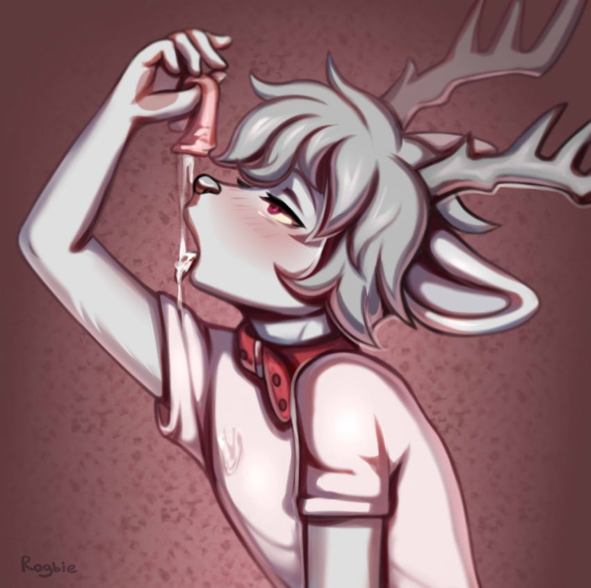 anthro bodily_fluids clothing collar condom condom_in_mouth cum cum_in_mouth cum_inside cum_on_face deer digital_media_(artwork) femboy genital_fluids good_boy grey_body grey_hair hair hi_res male mammal mouth_hold object_in_mouth portrait rogbiejoke sexual_barrier_device shirt solo t-shirt topwear