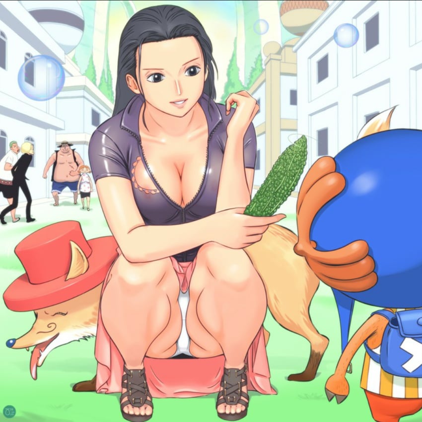 2girls 5boys black_hair chocolat_(one_piece) cleavage demalo_black drip_(one_piece) fake_straw_hats_crew female food gabu_(artist) hat male manjaro_(one_piece) multiple_girls nico_robin nora_gitsune one_piece post-timeskip tony_tony_chopper upskirt