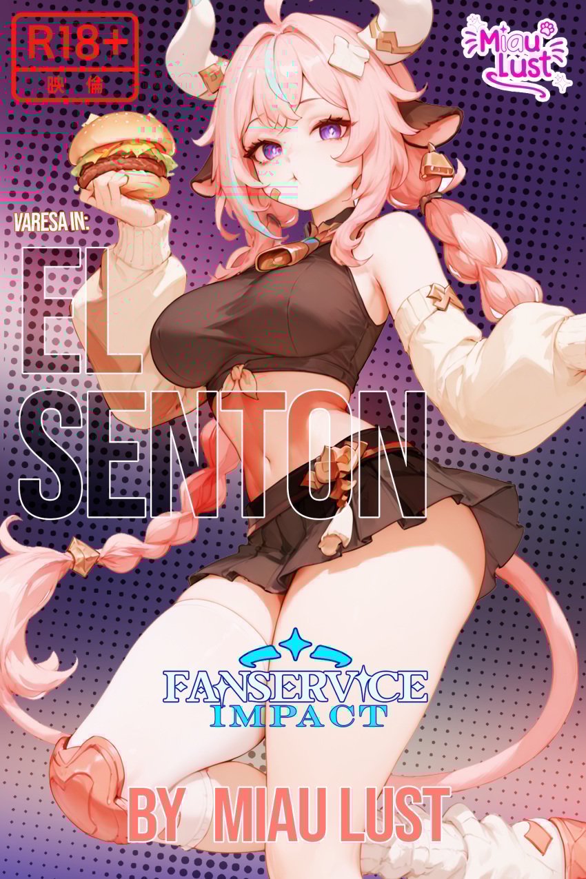 ai_generated big_ass big_breasts chubby chubby_female com comic comic_page comic_panel cowbell cowgirl genshin genshin_impact genshin_impact_event latina mexico miaulust miniskirt parody parody_comic pink_hair reverse_cowgirl_position sexy varesa varesa_(genshin_impact) video_game_character video_games wrestling
