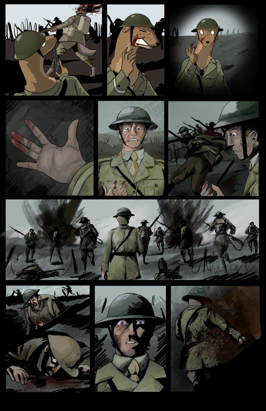 absurd_res ambiguous_species anthro armor art_shift backpack barbed_wire blood blood_on_face blood_on_hand bodily_fluids canid canine charge clothed clothing comic corpse dead_eyes death explosion goeliath group gun handgun head_explosion headgear helmet hi_res human lieutenant male mammal military mustelid musteline outside pistol ptsd ranged_weapon realization rifle running shell_shock silhouette soldier stoat trench trench_warfare true_musteline war warrior weapon weasel world_war_1 wounded