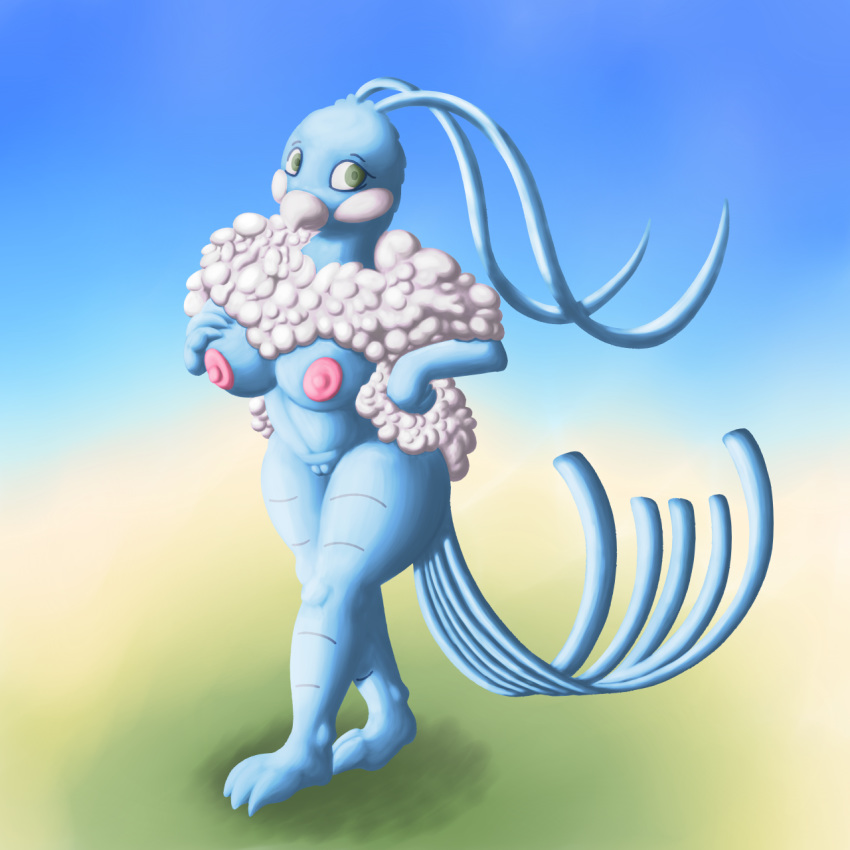 altaria anthro areola avian beak big_areola bird blue_body breasts cloud female floof flygon_(artist) looking_at_viewer nintendo nude pokemon posexe solo video_games